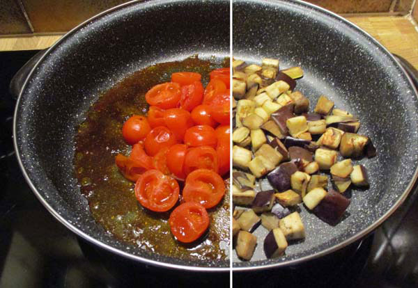 cubetti di melanzane e pomodorini in padella